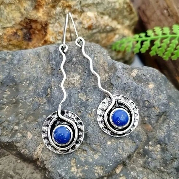 Lapis Lazuli Hammered Plate~ Tribal Ethnic Wavy Spiral Swirl Disc Platter Dangle - Picture 4 of 15